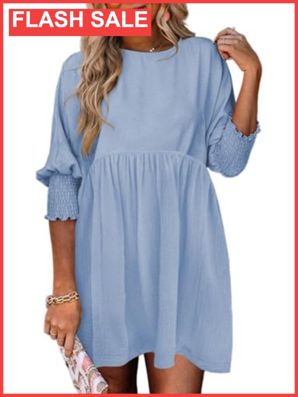 Womens Empire Waist 3/4 Sleeve Casual Babydoll Mini Dress